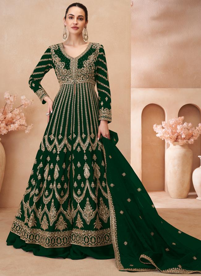 Chinnon Silk Green Bridal Wear Embroidery Work Readymade Anarkali Suit